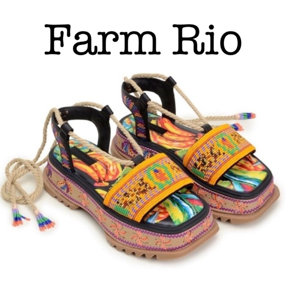 FARM Rio Shoes - Farm Rio Beaded Banana Flat Platform Lace Up Sandals Size 11